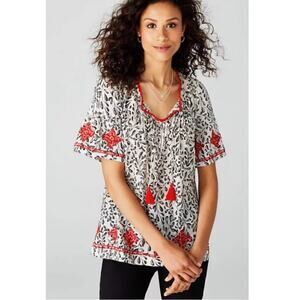 J. Jill Embroidered Pintuck Top Red Black White Size L Petite